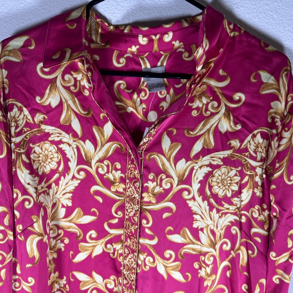 Chico's Pink and Gold Satin Button Down Shirt Size XL (Chicos Size 3) - Picture 2 of 5